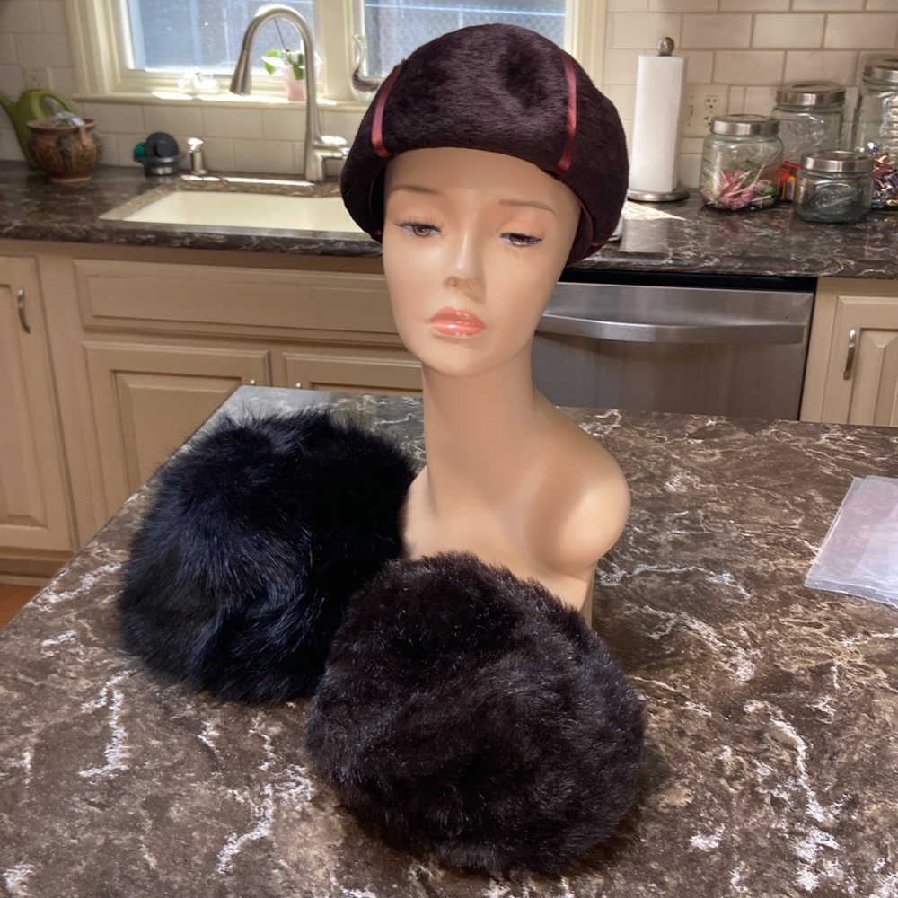 3 fur hats sz S black Zeagoo S Empress vintage brown & brown faux fur